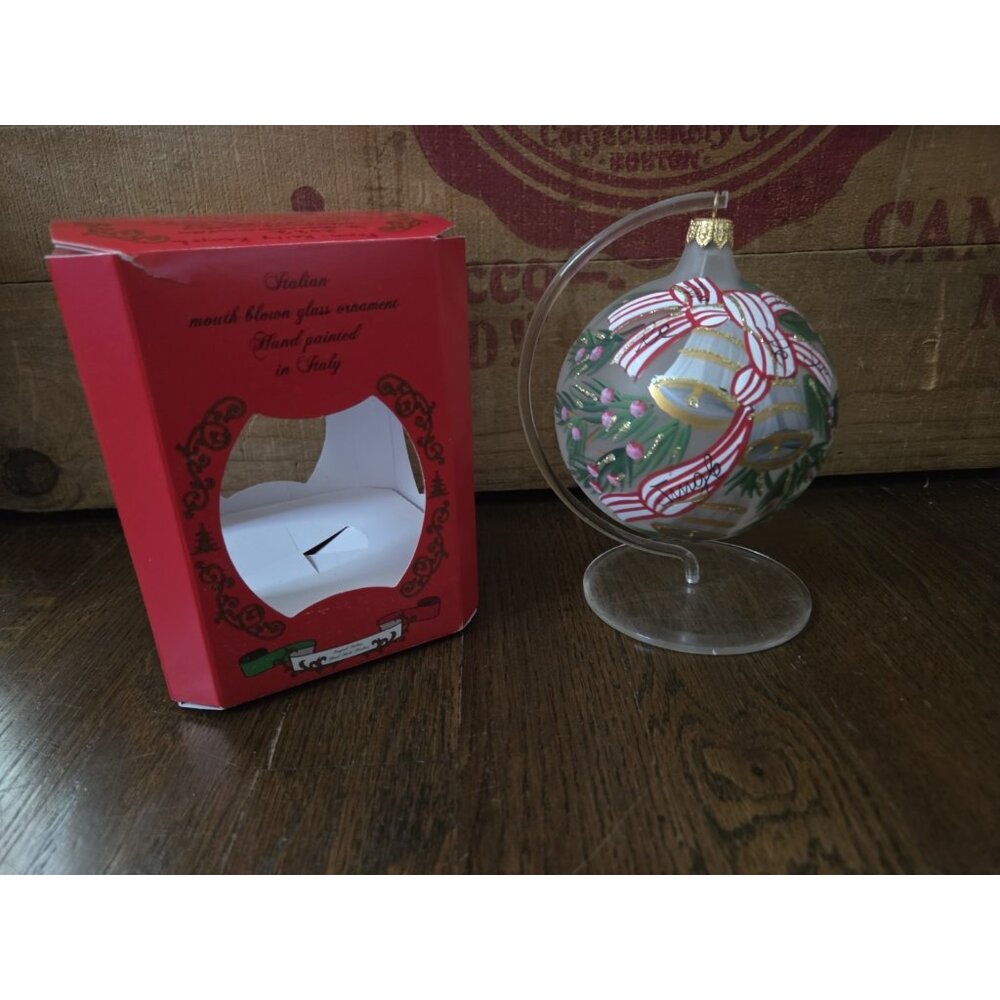 Vintage Blown Glass Holly Berry & Bells Ornament- Made in Italy- 4 inches-Used